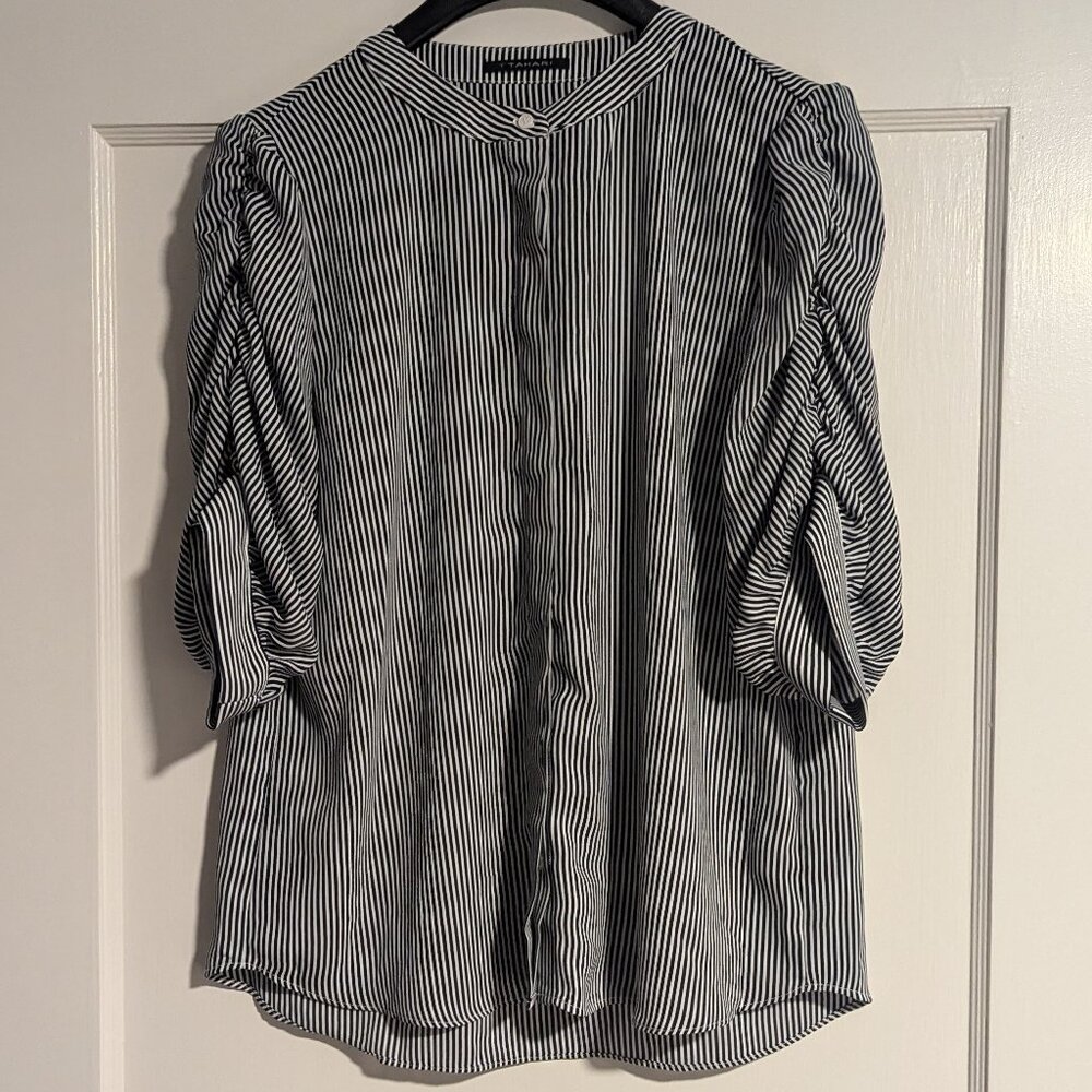 T Tahari Black & White Striped Ruched Sleeve Blouse, Size Large